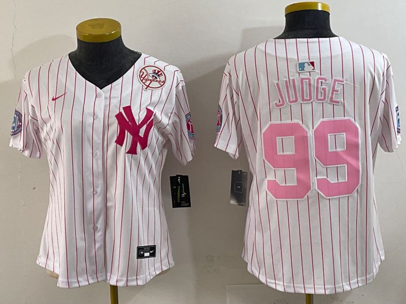 Women 2025 New York Yankees 99 Judge White Stripe Joint Name Nike MLB Jersey style 6204
